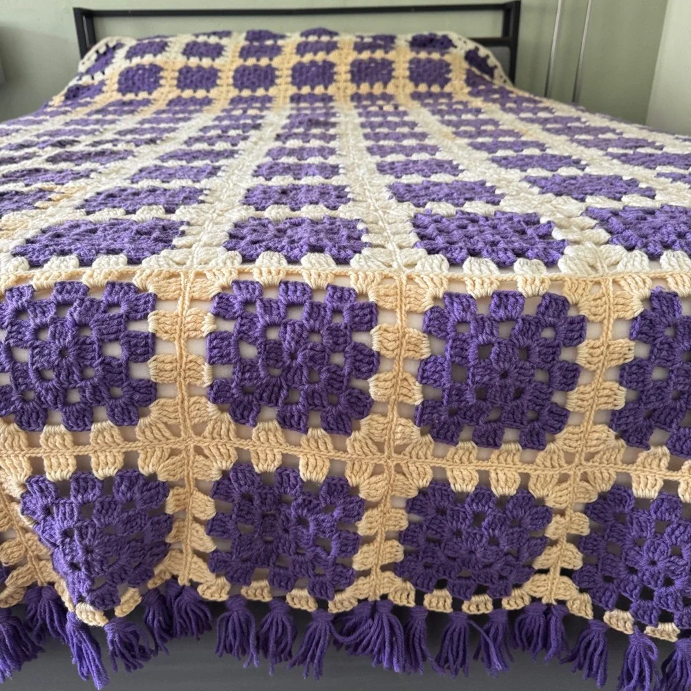 Vintage Handmade Crochet Granny Square Blanket Purple Cream Tassel Fringe King